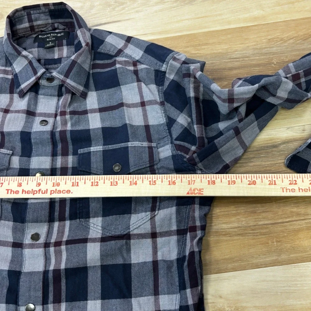 Banana Republic Flannel Shirt Small Mens Plaid Snap Button Slim Fit Blue Grey